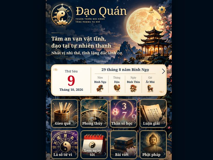 Giao diện thật của app Đạo Quán: lời chào, lịch và các công cụ