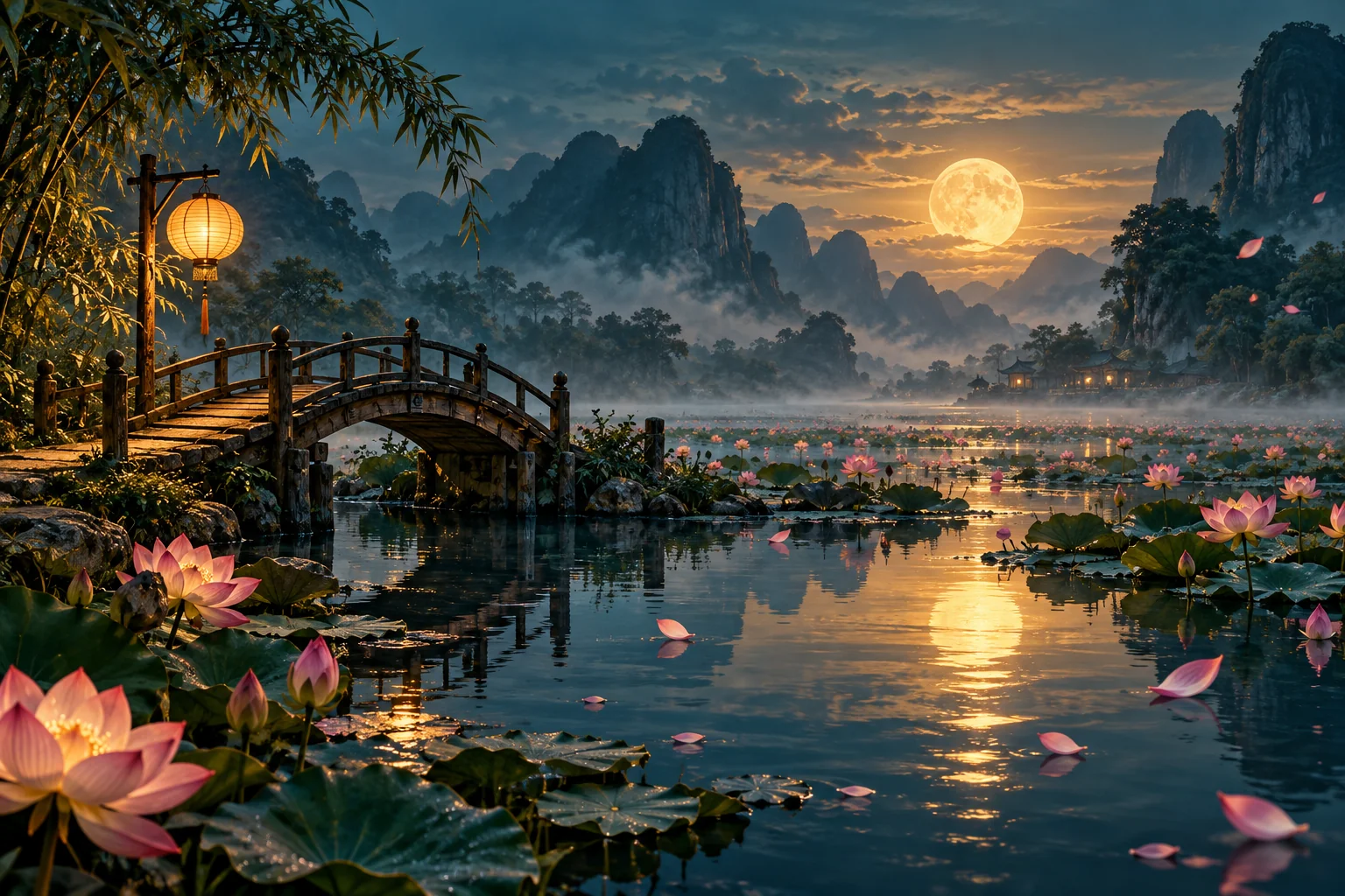 Minh họa khung cảnh hồ sen và núi trong không gian văn hóa Đạo Quán