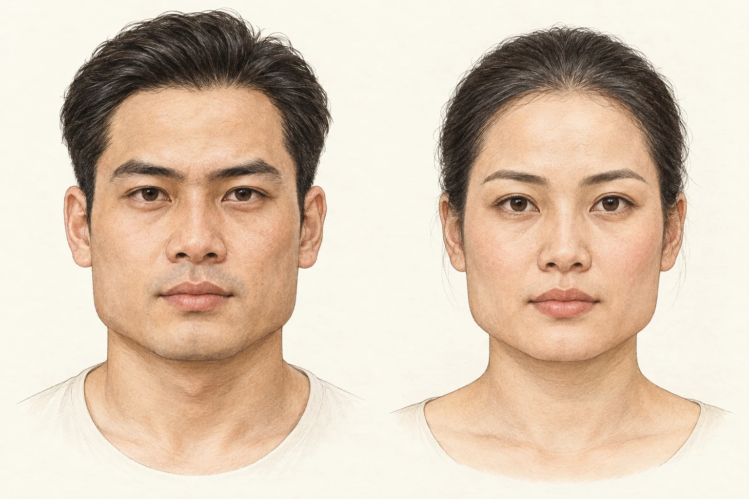 Mặt vuông — minh họa chi tiết nam bên trái, nữ bên phải; trán và hàm rộng, góc hàm rõ