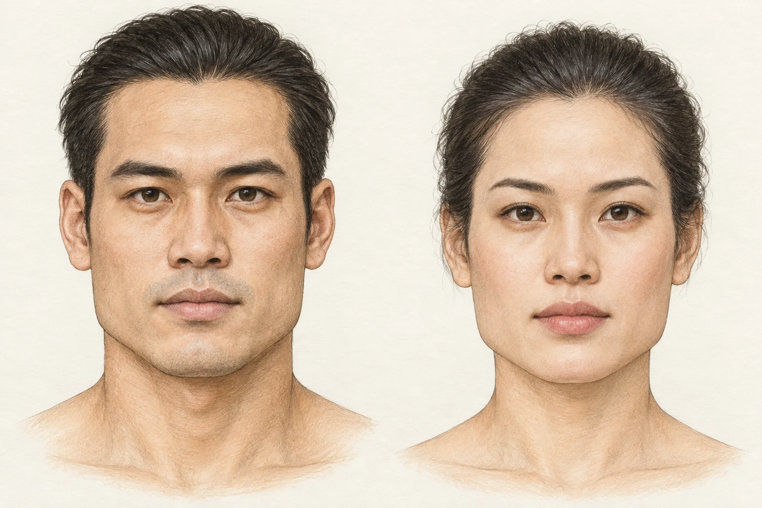 Mặt chữ điền — minh họa chi tiết nam bên trái, nữ bên phải; cách gọi truyền thống gần với mặt vuông