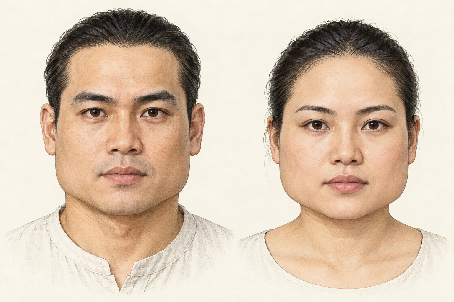 Mặt chữ đồng — minh họa chi tiết nam bên trái, nữ bên phải; ba vùng trán, gò má và hàm cùng đầy