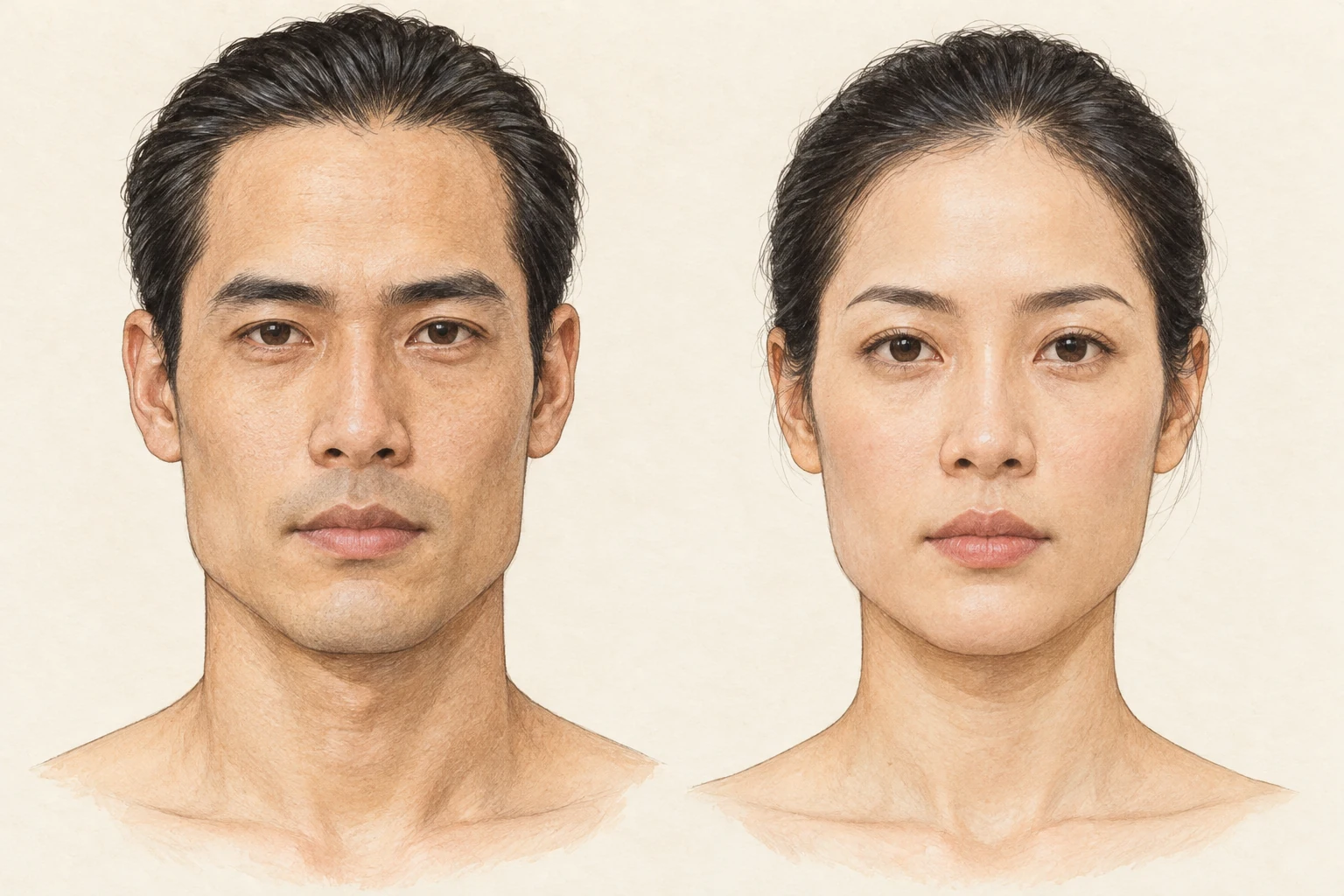 Mặt chữ nhật — minh họa chi tiết nam bên trái, nữ bên phải; khung mặt dài với hai cạnh tương đối thẳng