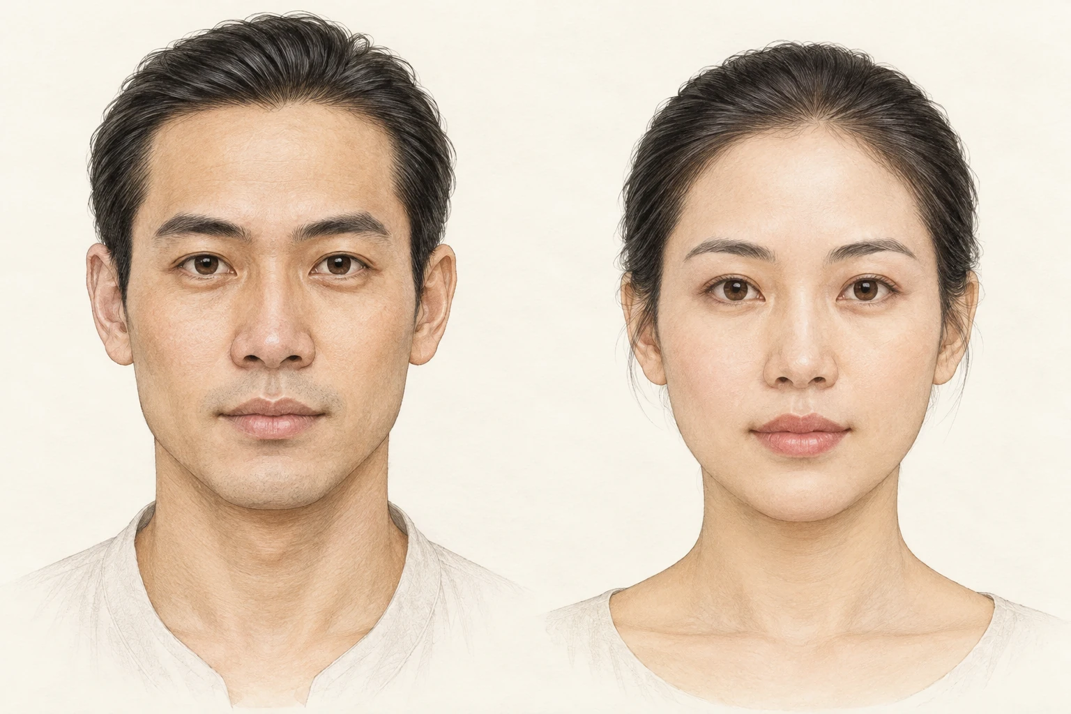 Mặt oval — minh họa chi tiết nam bên trái, nữ bên phải; oval và trái xoan là hai tên thường giao thoa