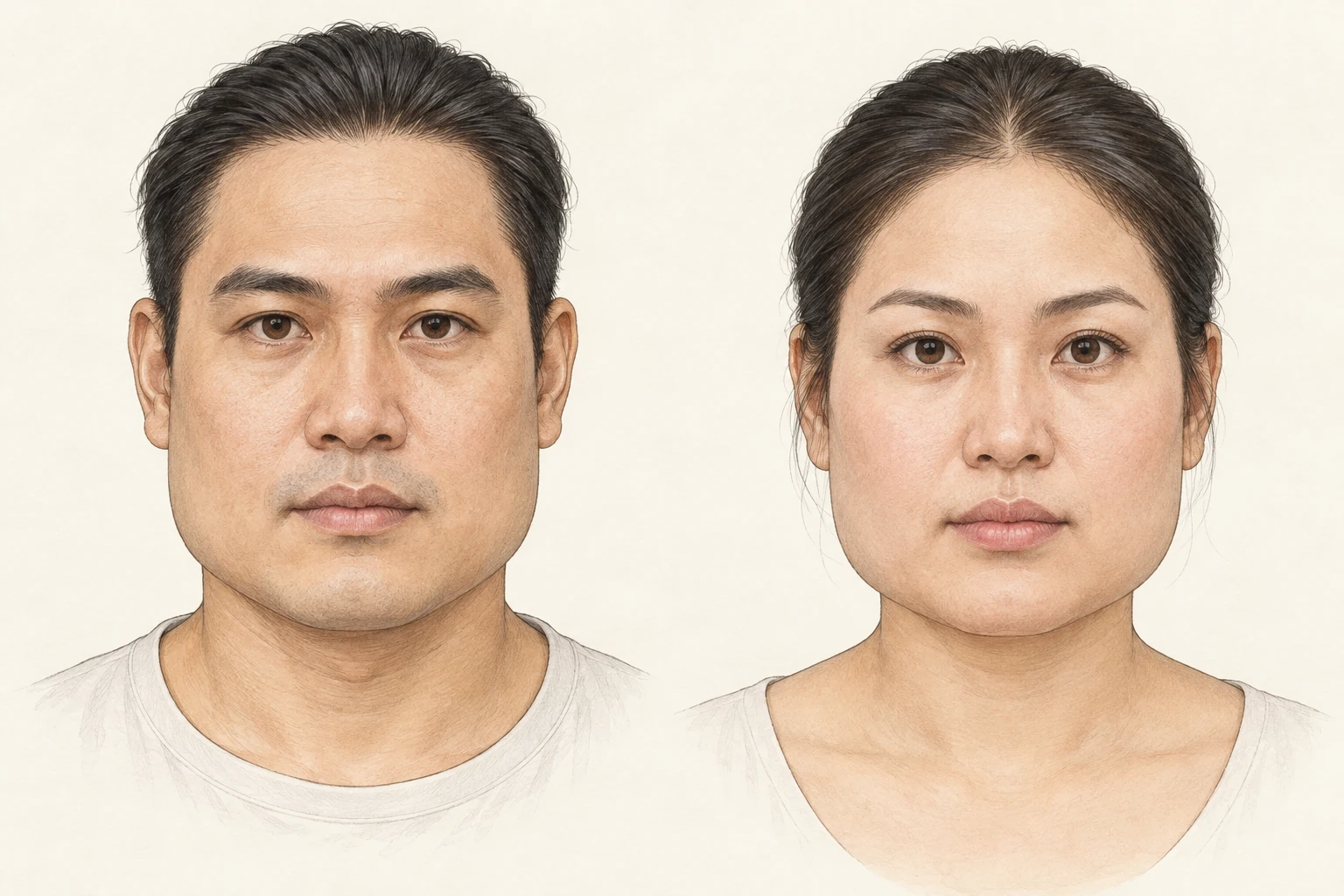 Mặt trái lê — minh họa chi tiết nam bên trái, nữ bên phải; phần hàm rộng hơn vùng trán