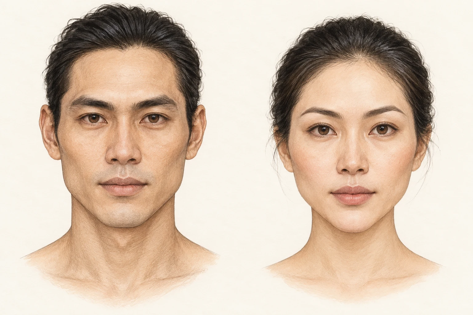 Mặt kim cương — minh họa chi tiết nam bên trái, nữ bên phải; gò má là vùng rộng nhất của khung mặt