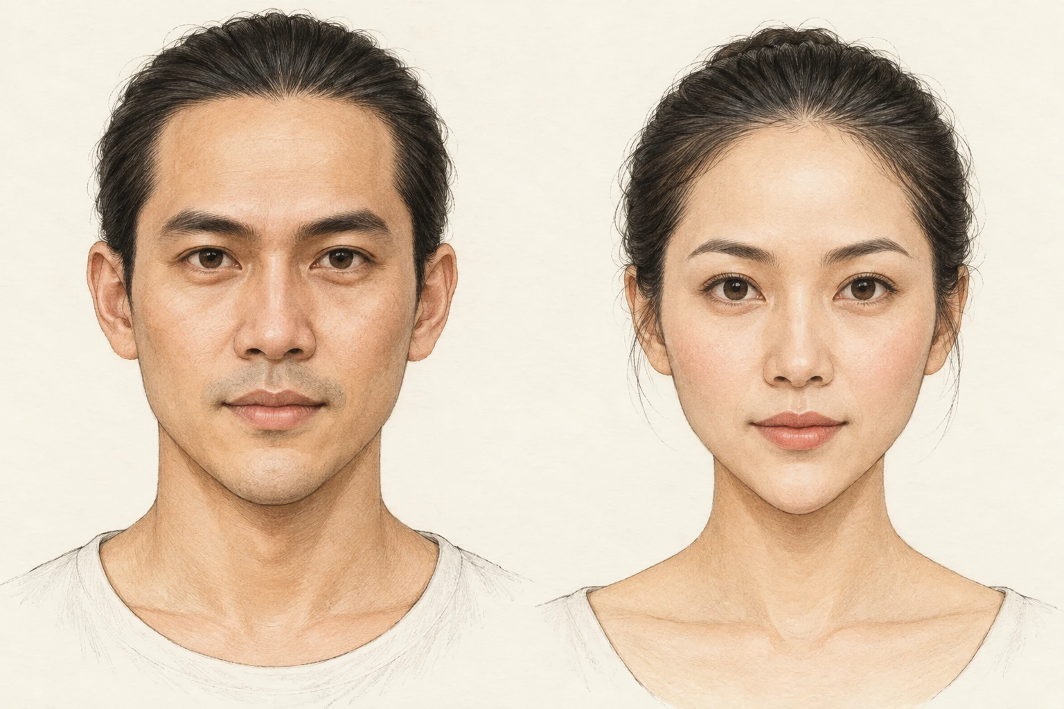 Mặt chữ giáp — minh họa chi tiết nam bên trái, nữ bên phải; trán rộng và phần cằm thu nhỏ