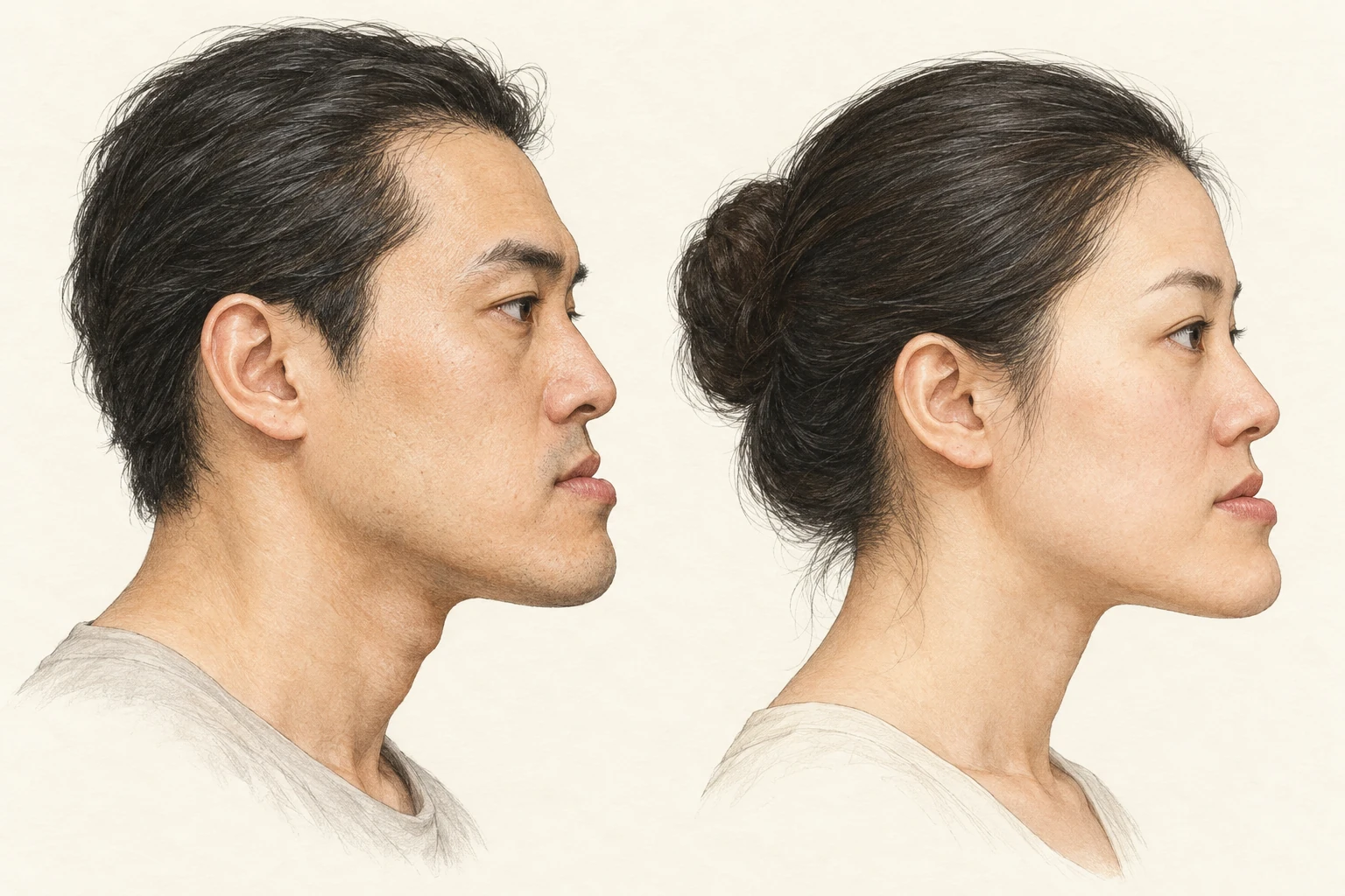 Mặt lưỡi cày — minh họa chi tiết nam bên trái, nữ bên phải; quan sát ở góc nghiêng: phần cằm nhô ra