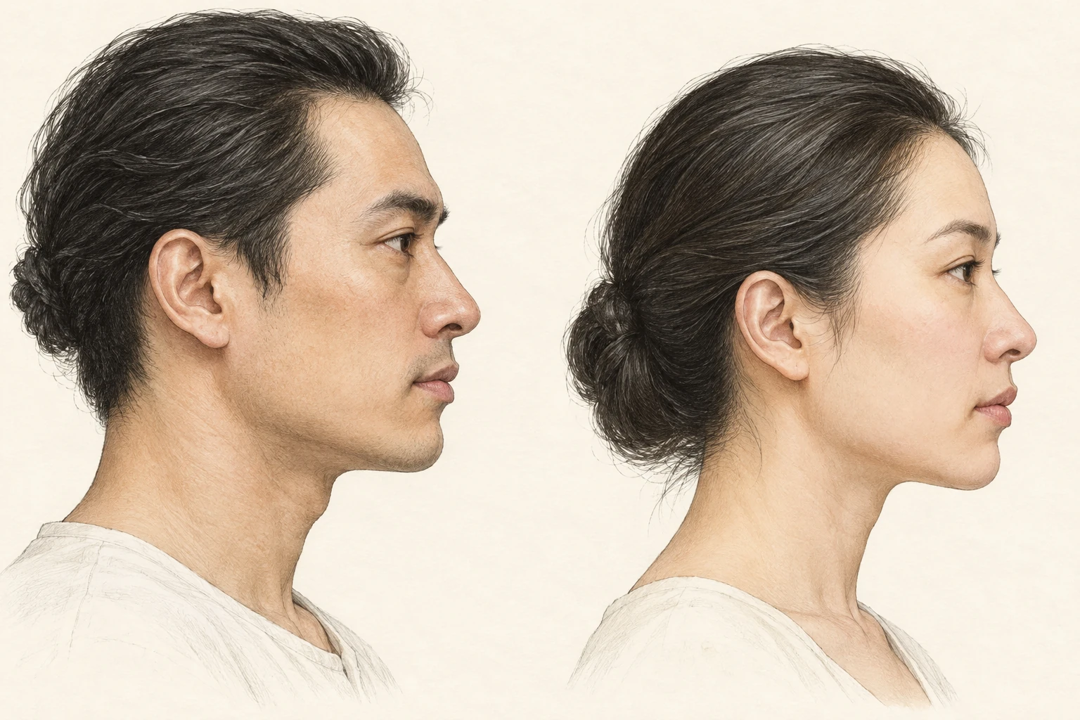 Mặt gãy — minh họa chi tiết nam bên trái, nữ bên phải; đường nhìn nghiêng có điểm đổi hướng