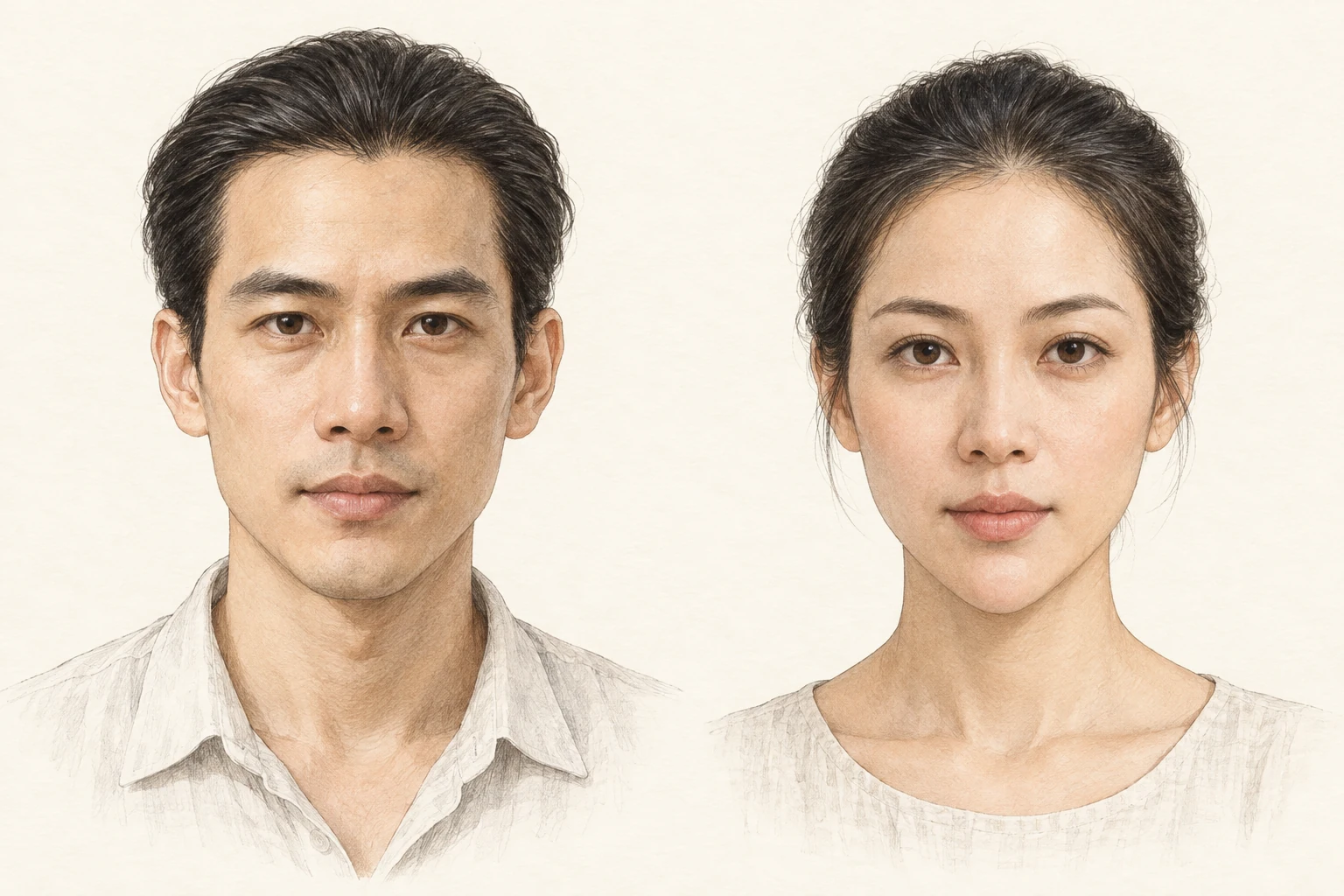 Mặt nhọn — minh họa chi tiết nam bên trái, nữ bên phải; cằm nhỏ và hai cạnh hàm thuôn rõ