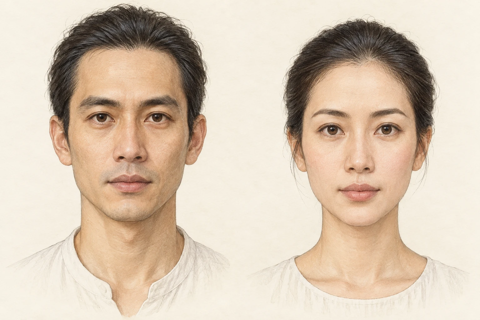 Mặt hẹp — minh họa chi tiết nam bên trái, nữ bên phải; chiều ngang nhỏ, hai cạnh mặt gần nhau