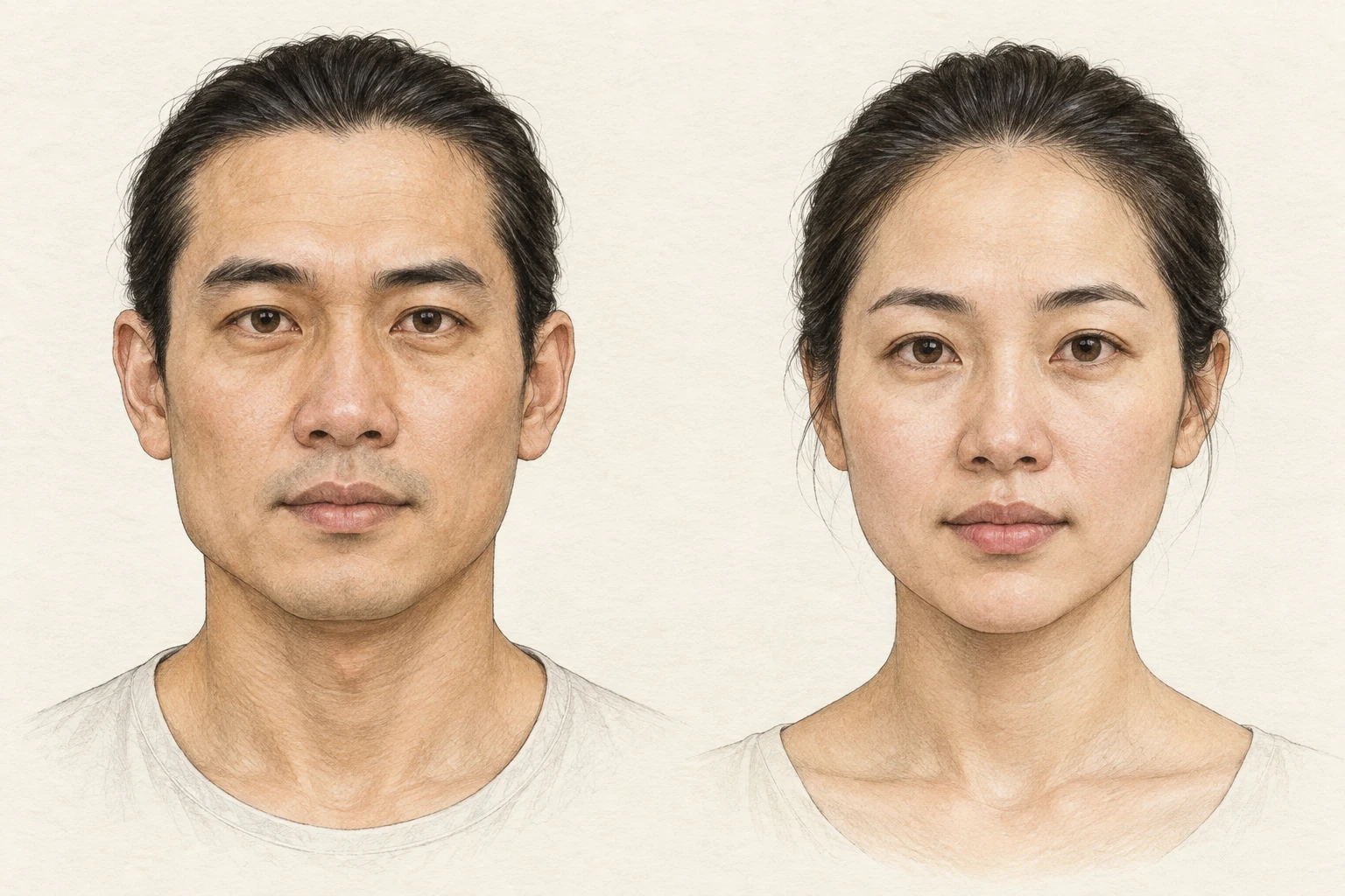 Mặt lệch — minh họa chi tiết nam bên trái, nữ bên phải; hai bên khung mặt có độ khác biệt nhẹ