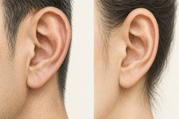 Dái tai mỏng — minh họa chi tiết nam bên trái, nữ bên phải; dái tai gọn và mỏng