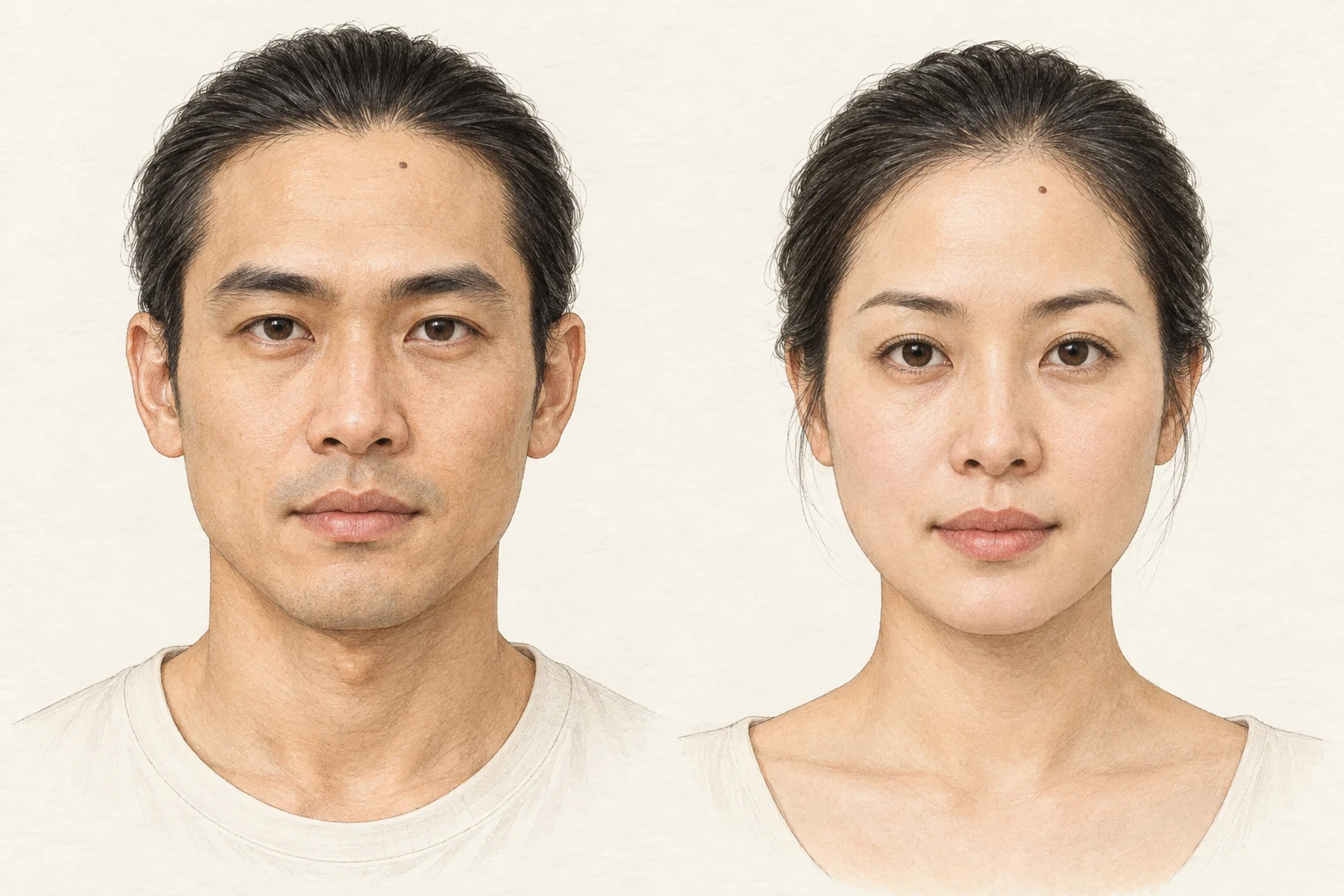 Nốt ruồi ở trán — minh họa chi tiết nam bên trái, nữ bên phải; vùng trán phía trên chân mày