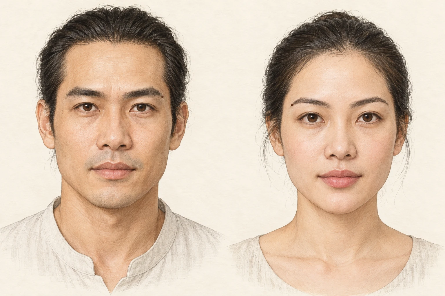 Nốt ruồi ở chân mày — minh họa chi tiết nam bên trái, nữ bên phải; đầu, thân hoặc đuôi chân mày