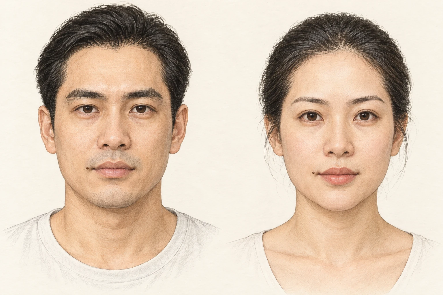 Nốt ruồi gần khóe miệng — minh họa chi tiết nam bên trái, nữ bên phải; vùng da bên ngoài khóe môi