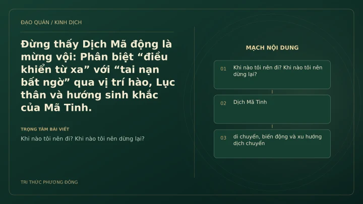 Minh họa Dịch học: Đừng thấy Dịch Mã động là mừng vội: Phân biệt “điều khiển từ xa” với “tai nạn bất ngờ” qua vị trí hào, Lục thân và hướng sinh khắc của Mã Tinh.