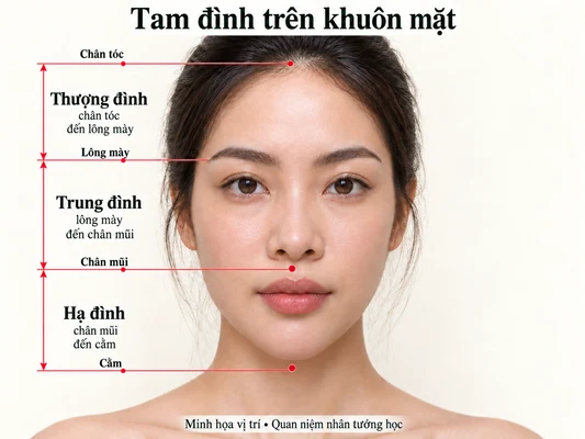 Minh họa vị trí và đường nét cho bài: Xem tướng Tam đình trên khuôn mặt