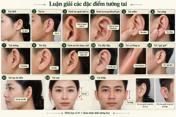 Minh họa vị trí và đường nét cho bài: Xem tướng tai để đoán phúc khí