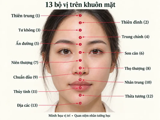 Minh họa vị trí và đường nét cho bài: Xem tướng qua 13 bộ vị khuôn mặt