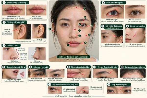 Minh họa vị trí và đường nét cho bài: Xem tướng phụ nữ hay gặp vạ từ miệng
