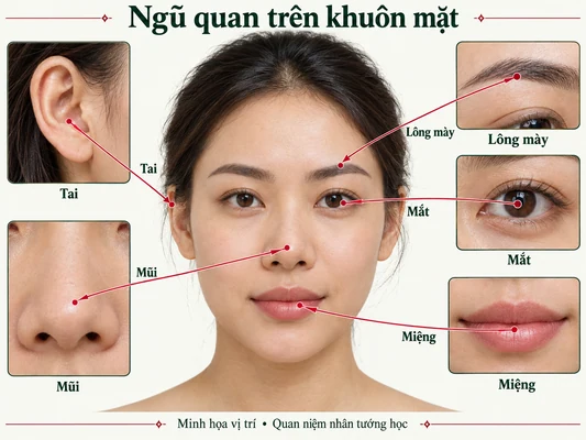 Minh họa vị trí và đường nét cho bài: Xem tướng ngũ quan trên khuôn mặt