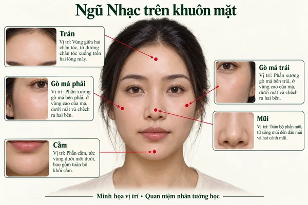 Minh họa vị trí và đường nét cho bài: Xem tướng Ngũ Nhạc trên khuôn mặt
