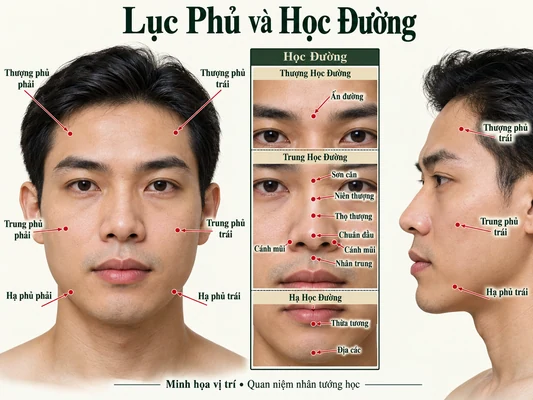 Minh họa vị trí và đường nét cho bài: Xem tướng mặt qua Lục Phủ và Học Đường