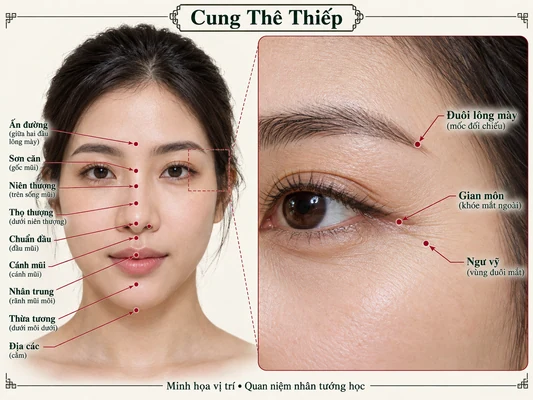 Minh họa vị trí và đường nét cho bài: Xem tướng mặt ở Cung Thê Thiếp