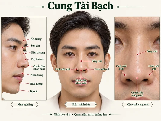 Minh họa vị trí và đường nét cho bài: Xem tướng mặt ở Cung Tài Bạch