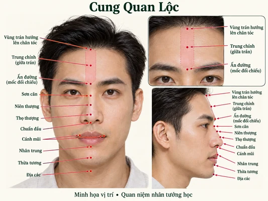 Minh họa vị trí và đường nét cho bài: Xem tướng mặt ở Cung Quan Lộc