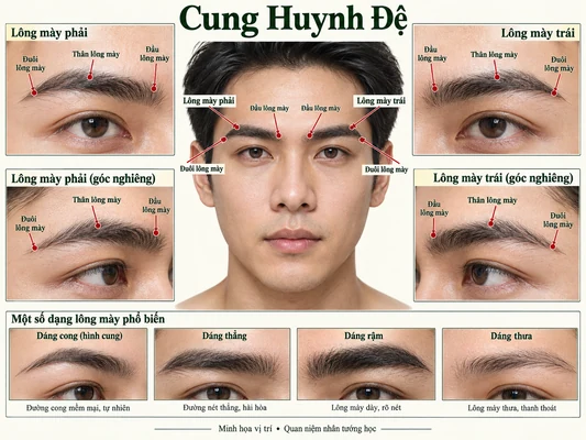 Minh họa vị trí và đường nét cho bài: Xem tướng mặt ở Cung Huynh Đệ