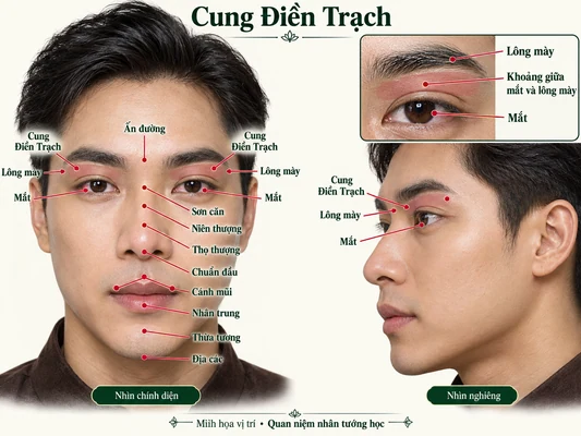 Minh họa vị trí và đường nét cho bài: Xem tướng mặt ở Cung Điền Trạch