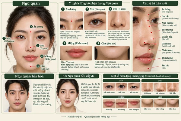 Minh họa vị trí và đường nét cho bài: Cuộc đời được hưởng phúc lộc – Ngũ quan đầy đủ thì hậu vận an khang