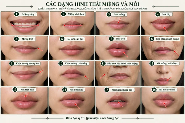 Minh họa vị trí và đường nét cho bài: Đoán tính cách qua tướng miệng