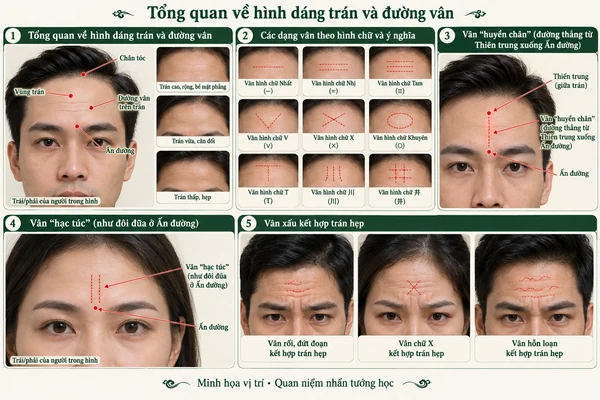 Minh họa vị trí và đường nét cho bài: Đường vân trên trán nói lên điều gì?