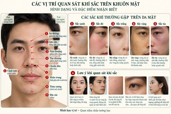 Minh họa vị trí và đường nét cho bài: Khí sắc trên khuôn mặt và những điềm lành, cát lợi