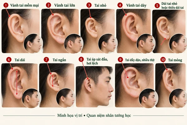 Minh họa vị trí và đường nét cho bài: Nhân tướng học: Luận phúc lộc và vận mệnh qua hình dáng đôi tai