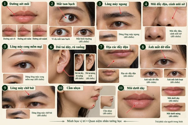 Minh họa vị trí và đường nét cho bài: Tướng mặt người kiên cường – không lùi bước trước khó khăn