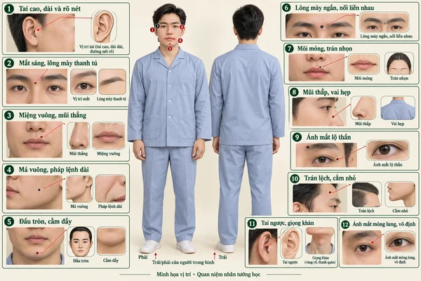 Minh họa vị trí và đường nét cho bài: Tướng mặt trường thọ của đàn ông