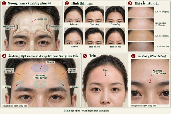 Minh họa vị trí và đường nét cho bài: Trán cao rộng thì vinh hoa phú quý