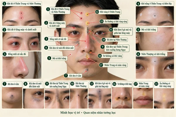 Minh họa vị trí và đường nét cho bài: Luận đoán cát hung qua khí sắc