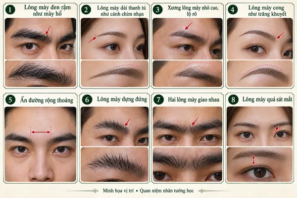 Minh họa vị trí và đường nét cho bài: Tướng lông mày: Dấu hiệu của cuộc đời vất vả hay hưởng phúc