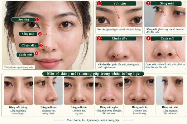 Minh họa vị trí và đường nét cho bài: Tướng mũi trong nhân tướng học – Luận giải về tính cách, tài vận và công danh