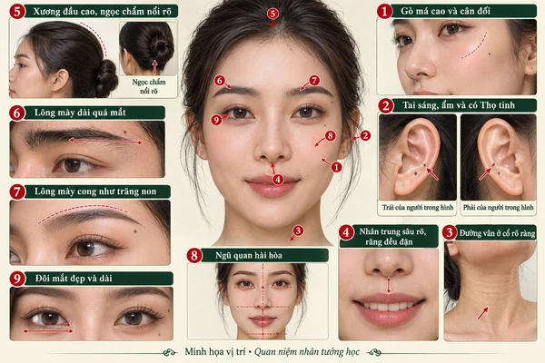 Minh họa vị trí và đường nét cho bài: Tướng thọ và tướng phúc đức