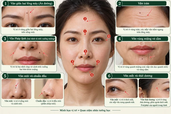 Minh họa vị trí và đường nét cho bài: Các loại vân trên khuôn mặt báo hiệu cát hung