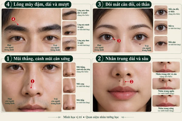 Minh họa vị trí và đường nét cho bài: Xem “mặt ngang mũi dọc” để nhận biết đàn ông chung tình
