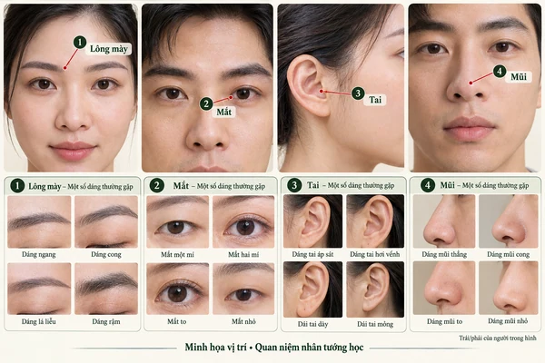 Minh họa vị trí và đường nét cho bài: Xem tướng quý nhân qua khuôn mặt