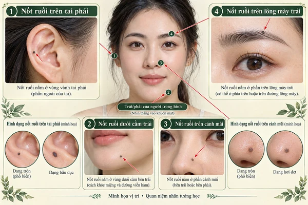Minh họa vị trí và đường nét cho bài: 4 nốt ruồi “vàng” được xem là tướng vượng phu ích tử của người phụ nữ