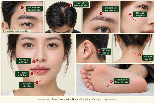 Minh họa vị trí và đường nét cho bài: 10 vị trí nốt ruồi tài lộc, phúc phần – Được xem là dấu hiệu may mắn trời ban