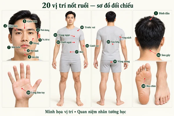 Minh họa vị trí và đường nét cho bài: 20 vị trí nốt ruồi may mắn của phụ nữ